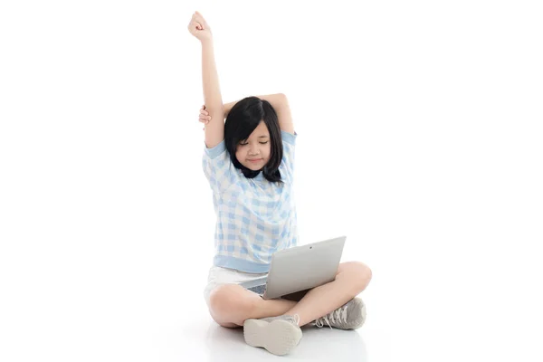 Happy Asian Girl Laptop Isolated White Background — Stock Photo, Image