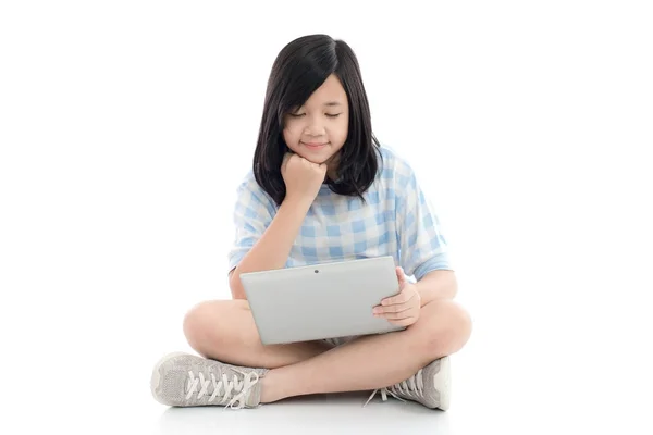 Happy Asian Girl Laptop Isolated White Background — Stock Photo, Image