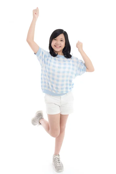 Asiatische Mädchen Zeigen Winner Zeichen Auf Weißem Hintergrund Isoliert Studio — Stockfoto