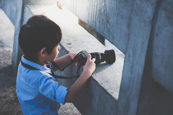 Cute Asian Boy Taking Photo Digital Camera Outdoors — Stock Photo, Image