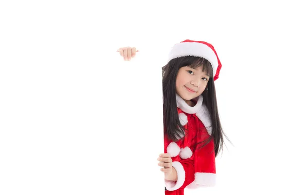 Красивая Азиатка Форме Санта Клауса Большим Белым Плакатом Белом Фоне — стоковое фото
