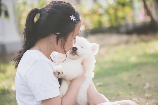 Asijská dívka si hraje s sibiřský husky štěně — Stock fotografie