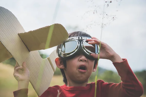 Karton uçağın çim sahası içinde oynayan çocuk — Stok fotoğraf