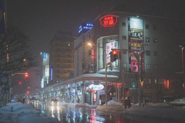 Aomori, Japonya, 31 Ocak 2018:winter gece cityscape Aomori