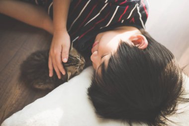 Kısa saç yavru kedi ile oynarken şirin Asyalı çocuk