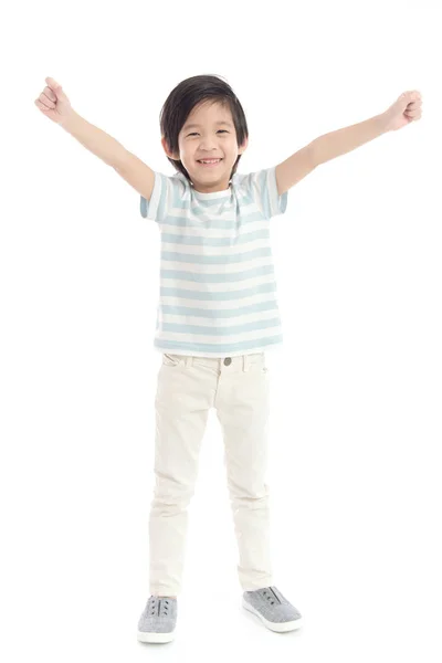 Χαριτωμένο Ασιατικό Παιδί Δείχνει Νικητής Σύμβολο Άσπρο Φόντο Απομονωμένες — Φωτογραφία Αρχείου