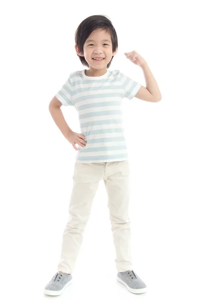 Niedliche Asiatische Kind Zeigt Winner Zeichen Auf Weißem Hintergrund Isoliert — Stockfoto
