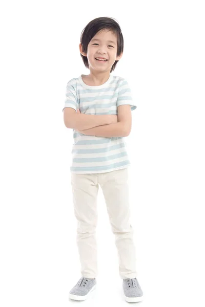 Leuke Aziatische Kind Blauw Shirt Staande Witte Achtergrond Geïsoleerd — Stockfoto