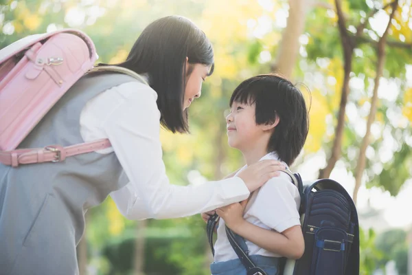 Cute Asian Children Going School Outdoors Back School Concept — стоковое фото