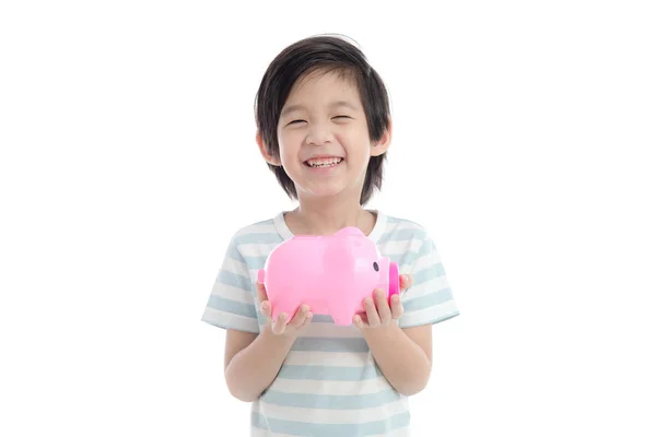 Niño Asiático Feliz Sosteniendo Alcancía Rosa Sobre Fondo Blanco Aislado —  Fotos de Stock