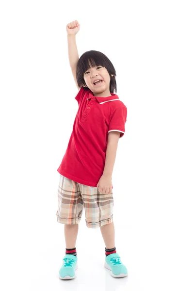 Leuke Aziatische Kind Winnaar Teken Tonen Witte Achtergrond Geïsoleerd — Stockfoto