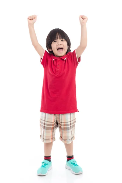 Cute Asian Dziecko Wyświetlono Zwycięzca Znak Białym Tle — Zdjęcie stockowe
