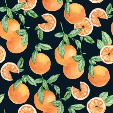 Renkli arkaplanda suluboya meyve deseni turuncu, tekstil kumaşı ve duvar kağıdı için yaz baskısı.