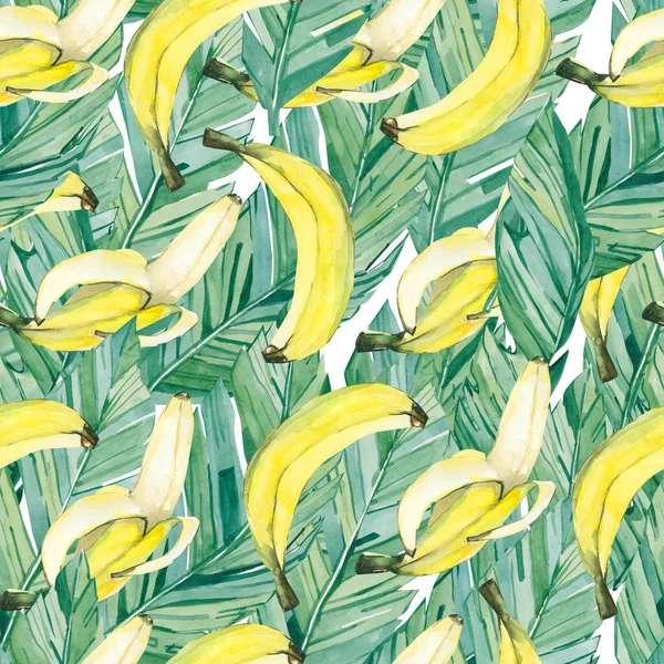 Akvarell Trópusi Levelek Banán Zökkenőmentes Minta Nyári Botanikus Gyümölcs Banán — Stock Fotó