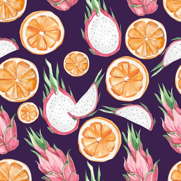 水彩画夏季异国情调水果图案橙色和龙果 夏季热带印花纺织品面料和墙纸 深色底色 — 图库照片