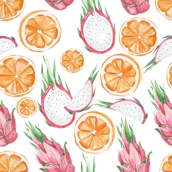 水彩画夏季异国情调水果图案橙色龙果夏季热带印花面料及墙纸 — 图库照片