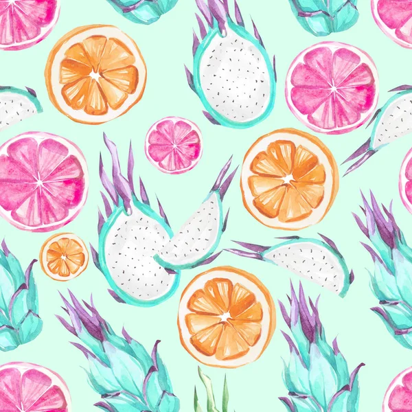 Suluboya yaz mevsimi egzotik meyve deseni portakal ve ejderha meyvesi, tekstil kumaşı ve duvar kağıdı için tropikal baskı - canlı yoğun renk, egzotik kuyruk kuyruğu soyut.