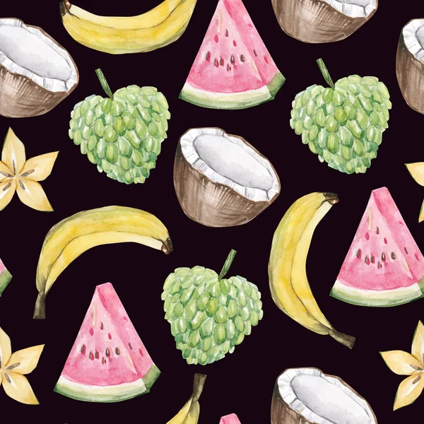 Watercolor summer exotic fruit pattern tropical fruits. Hand painted exotic coctails on white background. Cherinmoya, watermelon, banana, coconut, summer tropical print for the textile fabric und wallpaper - on color dark background.