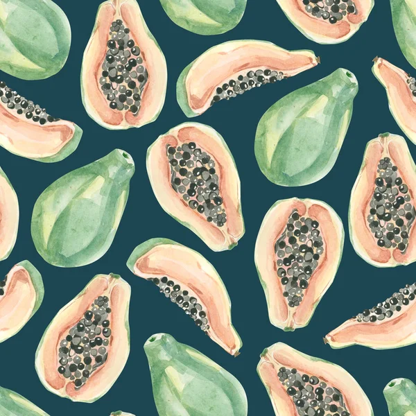 Watercolor summer exotic fruit pattern tropical fruits. Hand painted exotic coctails on white background. Papaya - summer tropical print for the textile fabric und wallpaper  - on dark color background.