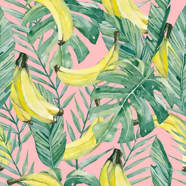 watercolor tropical leaves and banana. Seamless pattern summer botanical fruit banana for the textile fabric and wallpaper - on color pink background