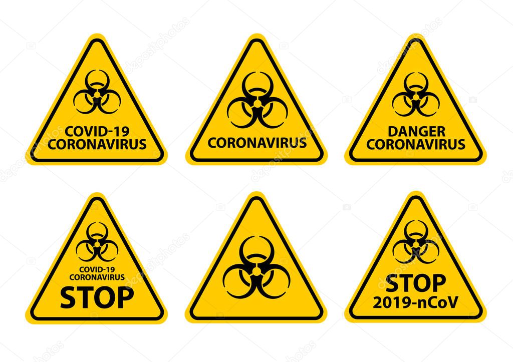 Set of icons Pandemic stop Coronavirus outbreak covid-19 2019-nCoV symptoms in Wuhan China on yellow. Travel or vacation Europe warning with air plane and quarantine. Vector icons isolate on white