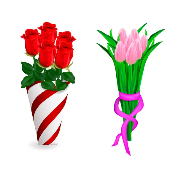 Set Bouquets Red Roses Vase Bouquet Pink Tulips Ribbon Vector — Stock Vector