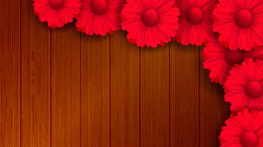 Tahta üzerinde gerçekçi kırmızı gerbera çiçekleri arkaplan kahverengi renk vektörü grafiği metin için boşluk