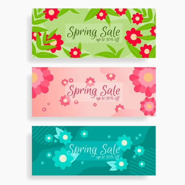 Conjunto Banners Promocionais Primavera Com Desconto Até Verde Azul Rosa — Vetor de Stock