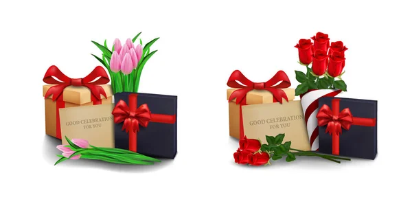 Set Realistischer Vektorillustration Von Geschenkschachteln Tulpen Und Grußkarten Und Geschenkschachteln — Stockvektor