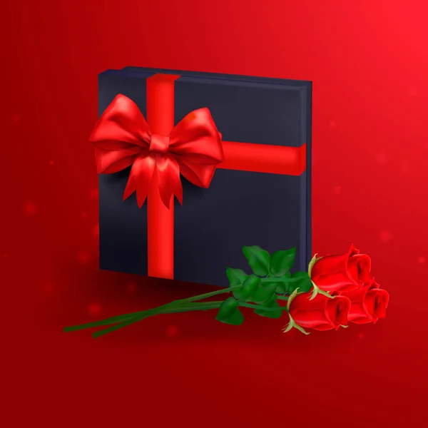 Vector Caja Regalo Azul Oscuro Con Lazo Rojo Brillante Tres — Vector de stock