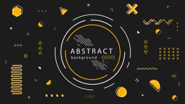 Farklı geometrik şekillere sahip soyut geometrik arkaplan - üçgenler, daireler, noktalar, merkezi bileşimli çizgiler. Sarı siyah ve beyaz renkli vektör resmi