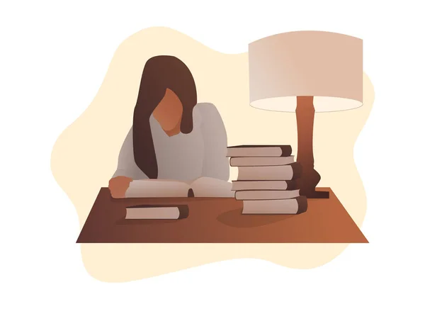 Kütüphanedeki kadın kitap okuyor. Birçoğundan seçilmiş bir kitap. Kitapları karıştırıyorum. Kahverengi. Masa lambalı masa