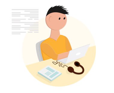 Bir programcı dizüstü bilgisayara kod yazar. Masanın üzerinde bir iş planı ve kulaklıklar var. Modern düz vektör illüstrasyonu