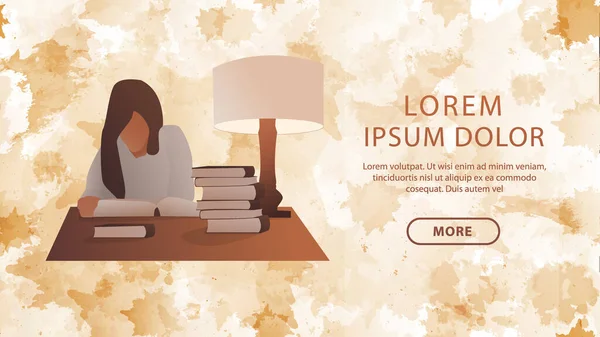 Kız masanın üstünde bir kitap okuyor. Bir yığın kitap. Kahverengi desenli arka plan, fevkalade. Bahar çizimi. Web kaynakları için pankart