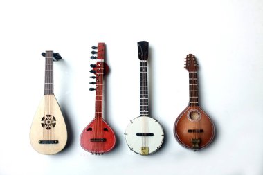 Lavta, mandolin, banjo ve sitar beyaz arka planda izole edilmiş.
