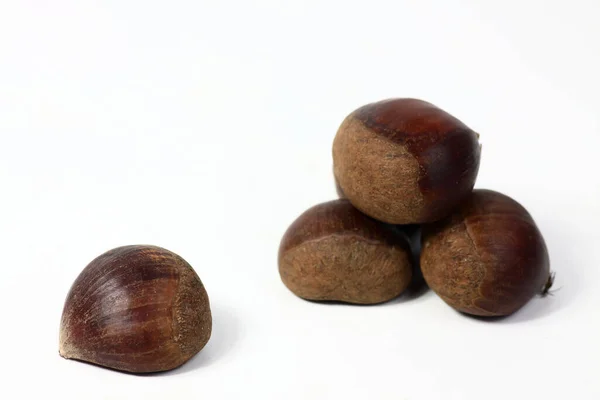 a pile of sweet chestnuts isolated on white background