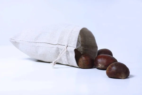 Bolsa de lona de castañas dulces aisladas sobre fondo blanco — Foto de Stock