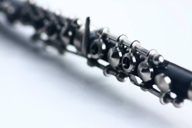 Bas klarnet vanaları beyaz arkaplanda izole bir şekilde kapanır. Resim kopyalama alanı içeriyor