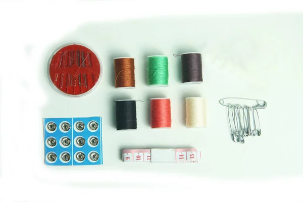 Needlework Kit White Background Flat Lay Tailor Still Life Set — Stock Photo, Image