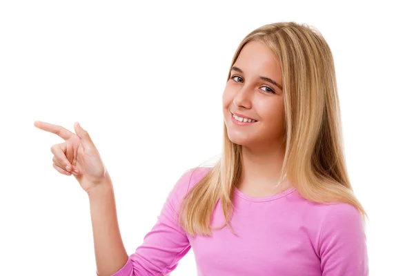 Krásná dívka ukazuje něco na dlaně rukou. Izolovaný — Stock fotografie