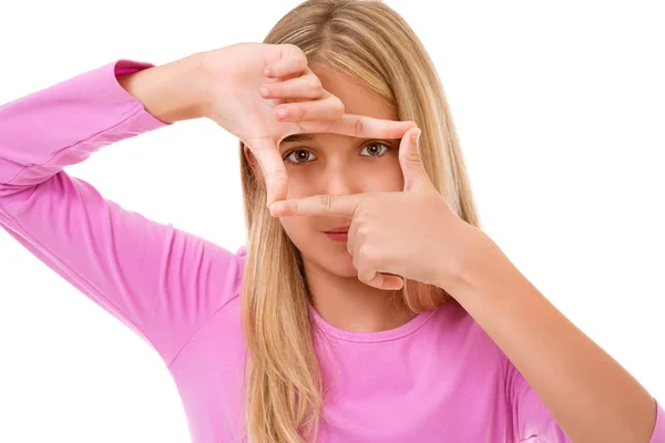 Bild von schönen jungen Mädchen, die einen Rahmen mit fingers.isola — Stockfoto