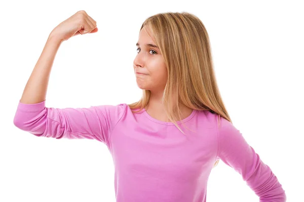 Joven adolescente mostrando su brazo muscular.Aislado —  Fotos de Stock