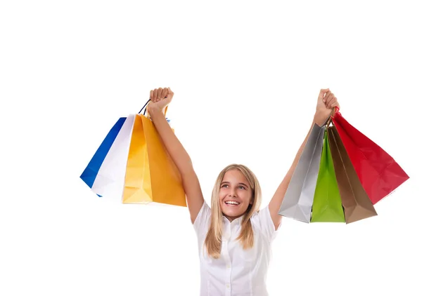 Zakupy i turystyka pojęcie - młoda dziewczyna z torby na zakupy, na białym tle — Zdjęcie stockowe