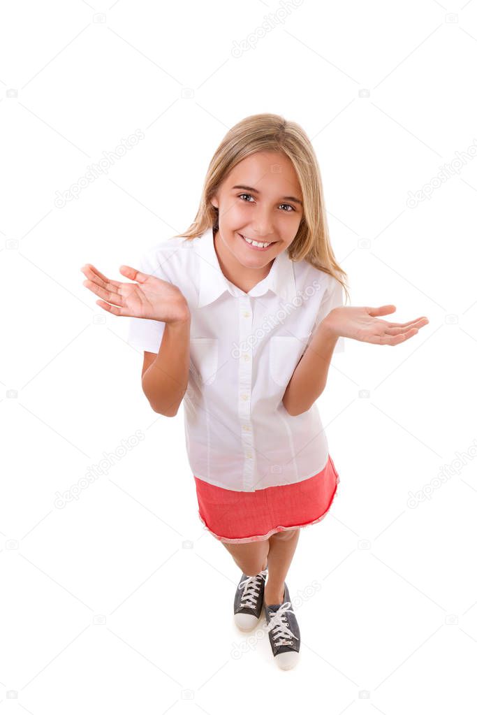 Fun high angle full body portrait of lovely teenage girl with open palms,isolated