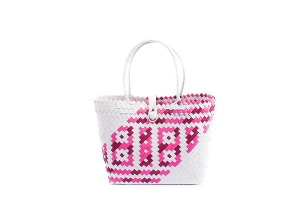 Brilhante Close Bolsa Vime Mulher Isolado Fundo Branco — Fotografia de Stock