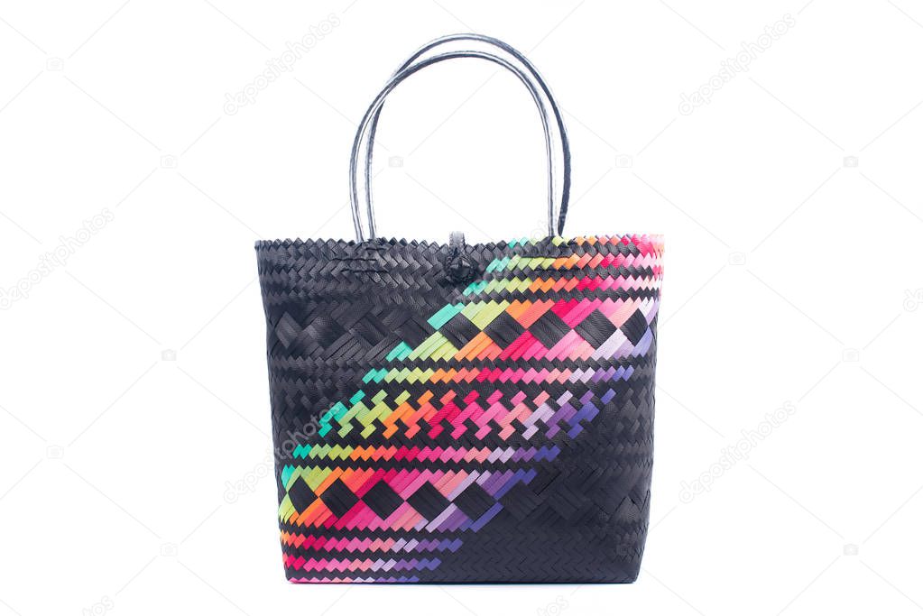 close up wicker woman's tote bag, isolated on white background