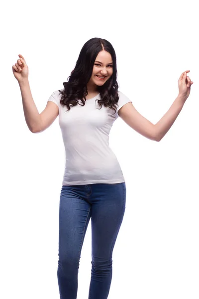 Portrait of young  excited woman in blank white t-shirt with out — Stock Photo, Image