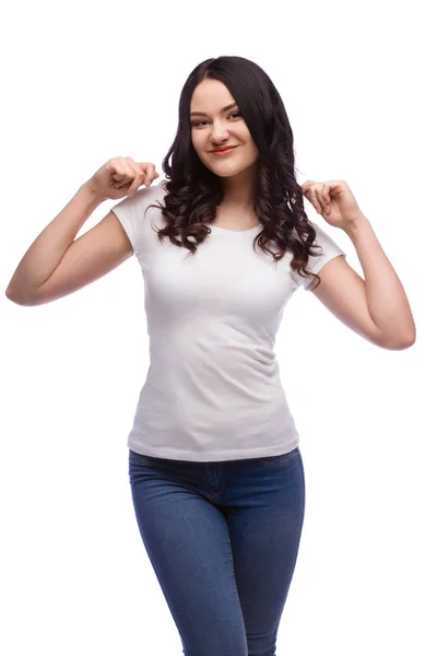 Portrait Young Excited Woman Blank White Shirt Extended Arms White — Stock Photo, Image