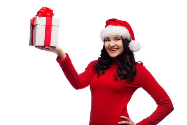 Natal Santa chapéu isolado mulher segurar presente de Natal . — Fotografia de Stock