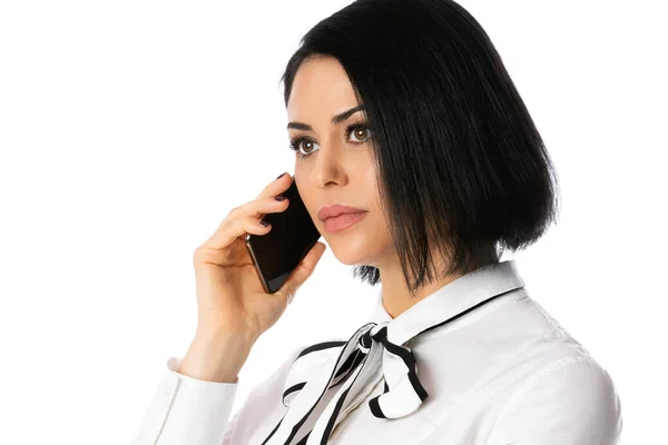Business Talk Portrait Confident Young Businesswoman White Shirt Talking Mobile — Stock Photo, Image